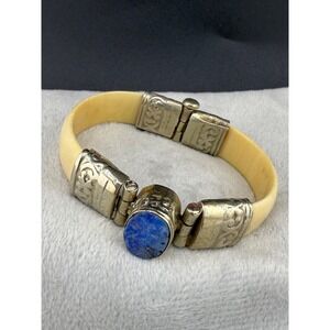 Vintage Bangle Bracelet Silver Tone Blue Stone Lapis Tribal Ethnic 6"